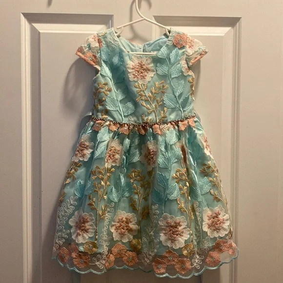 Rare Editions light teal, floral embellished toddler dress